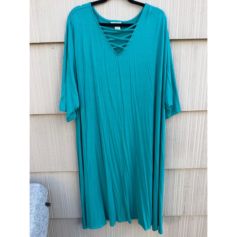 Catherines Women 4X Teal Green Lattice V-Neck Short Sleeve Knit Jersey Dress